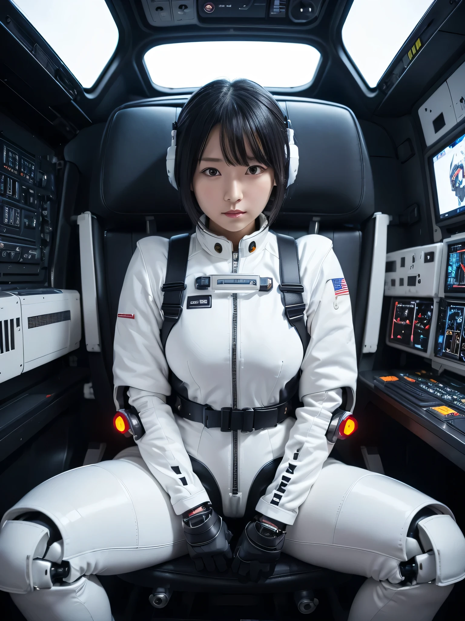 Japanese female android,Black Hair,Space station cockpit,Secured to the seat with a thick harness,Plump,Slightly thicker,Spread your legs,Squat,White robot suit,Ceramic body,Robotic arms and legs,Cables coming out of his chest,Surrounded by switches and monitors,