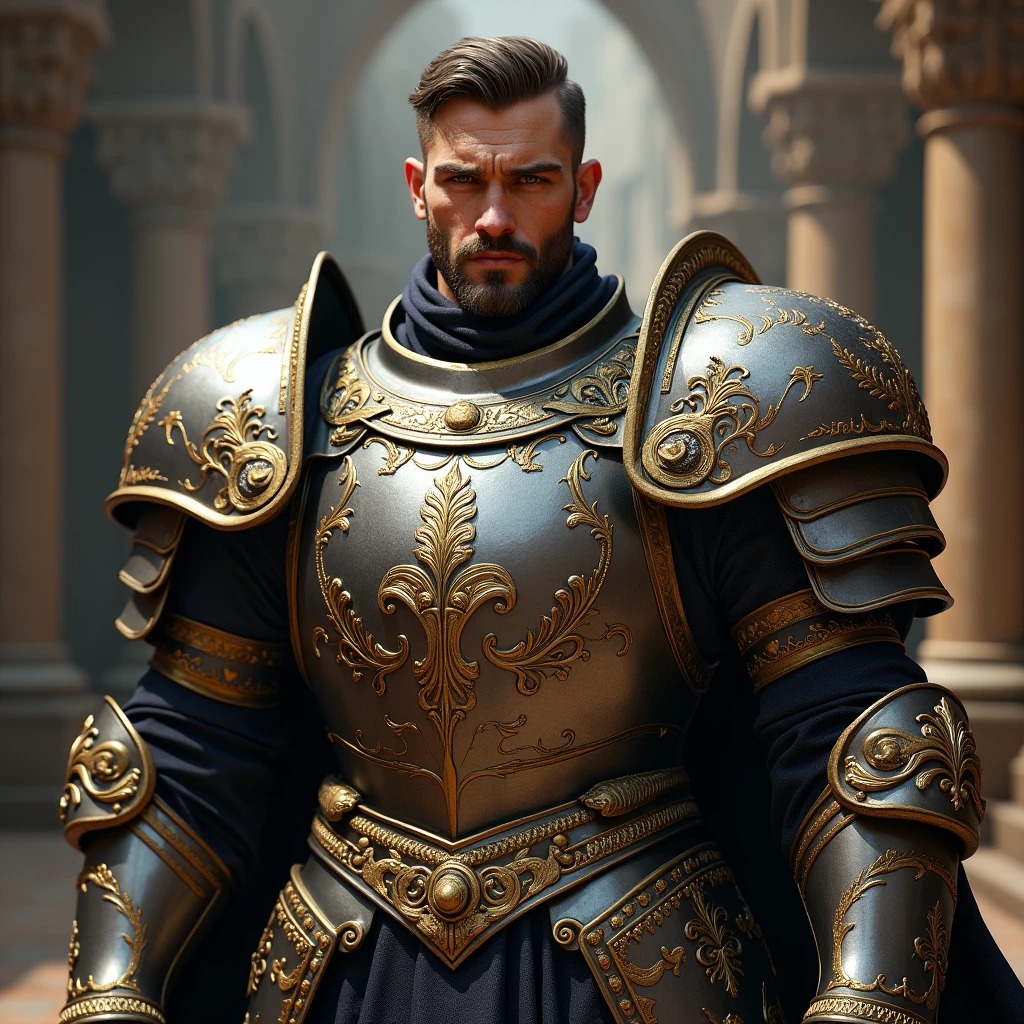 a medieval super heavy armor paladin, without a helmet, extremely handsome man, Super Beautiful.