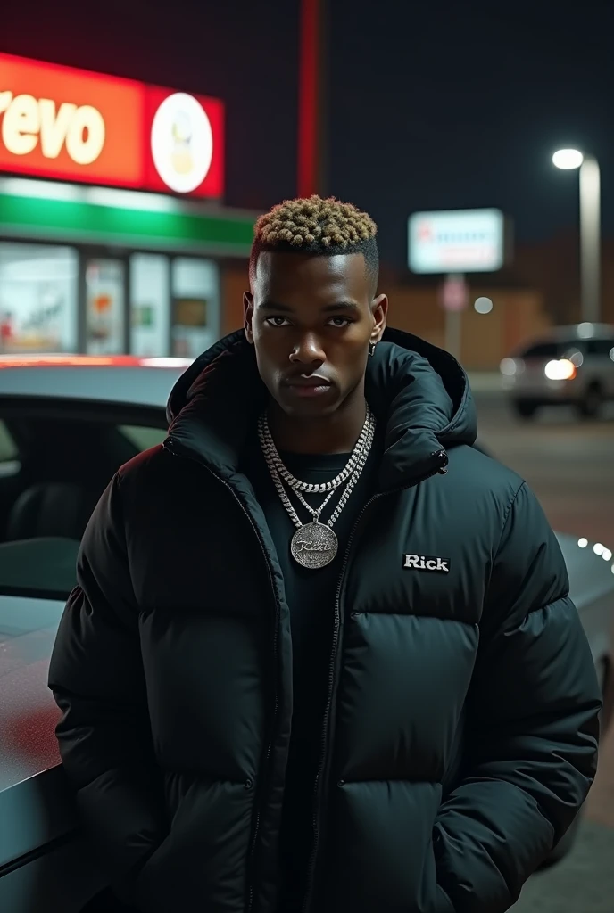 image focusing on a black boy with a serious expression, with black puffer jacket, your style is UK Drill, has diamond necklace with name rick, buzz cut waves, escorado em um Dodge Challenger cinza, the night, in the background some cars parked in front of a convenience store called Trevo