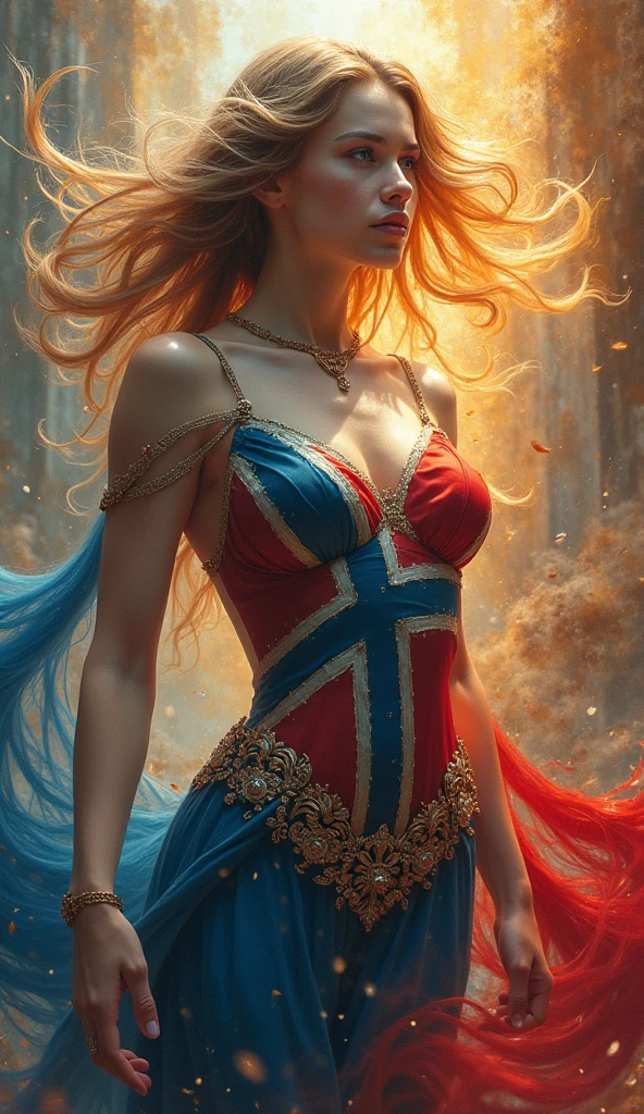 ((masterpiece:1.2, Highest quality)), Super detailed, Ultra-precise depiction, Super high-definition description, (Tangled:1.2), (Dynamic pose), (Abstract background:1.5), very beautiful goddess, Costumes inspired by the Danish flag