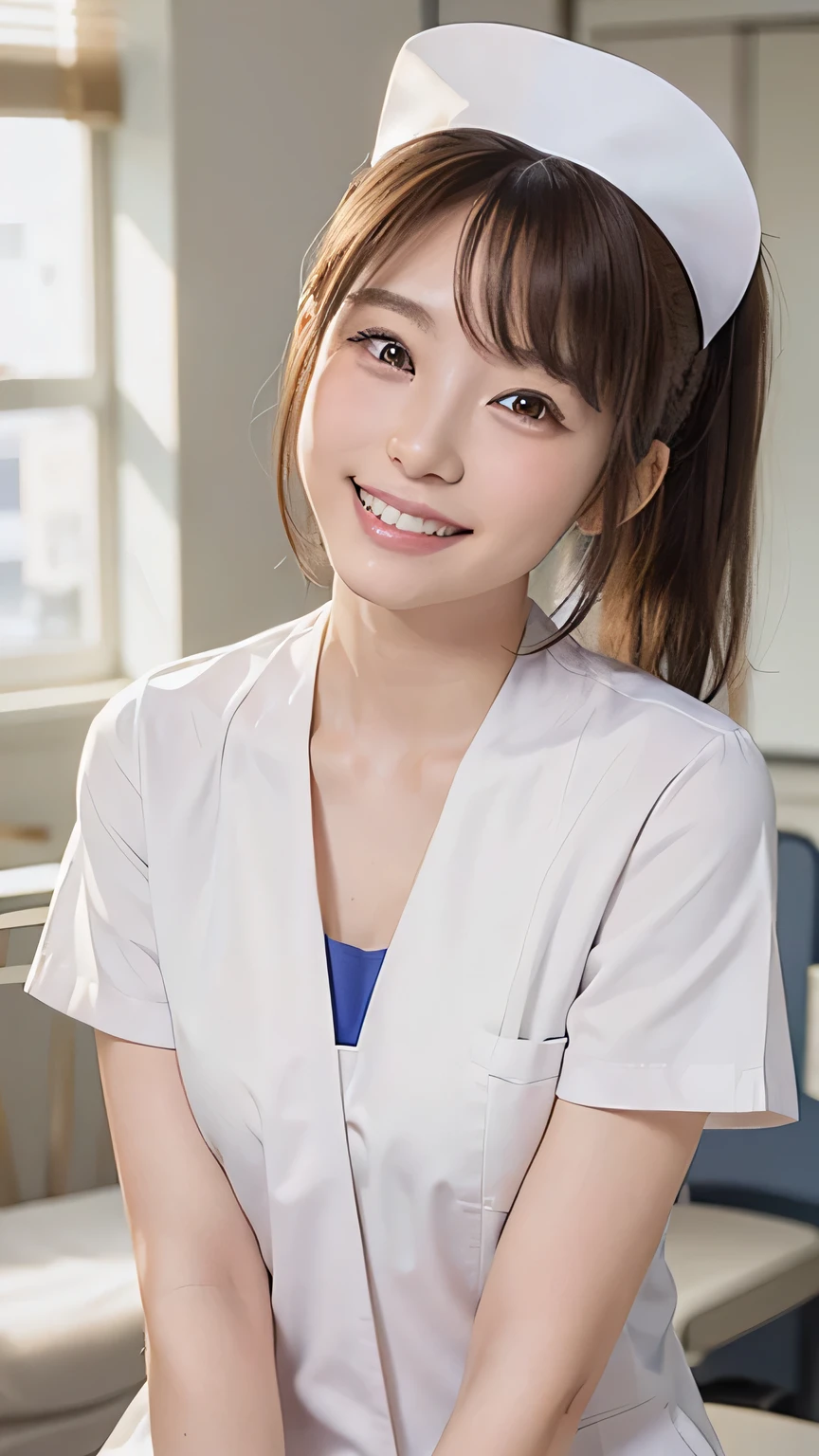 (Ultra HD, DSLR photography, 8k, highest quality, high resolution, premium quality, highest resolution, very beautiful woman, perfect anatomy), light brown eyes, very light brown eyes, small diamond-shaped earrings, looking directly at the camera, beautiful brown hair, ((baby face, loose and cute medium ponytail)), very short and beautiful bangs on brown hair, E-cup chest, showing a beautiful décolletage, very beautiful 20-year-old, lip gloss, smiling very happily, very cute smile, upper teeth, beautiful teeth, (bright hospital room (background only)), slightly large eyes, small face, tall supermodel, beautifully shaped model, random cute gravure photo poses, dynamic angle, eye focus, head tilt, very detailed and realistic, very beautiful 20-year-old, ((medium shot)), sharp jawline, ((nurse in white uniform)), deep waistline, sexy legs, side view, smiling very happily, laughing, summer daytime.