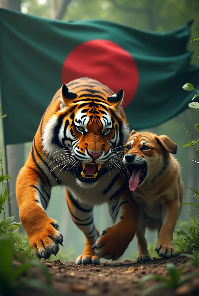 An angry tiger is attacking a dog and the dog is very scared and crying tiger have Bangladesh flag