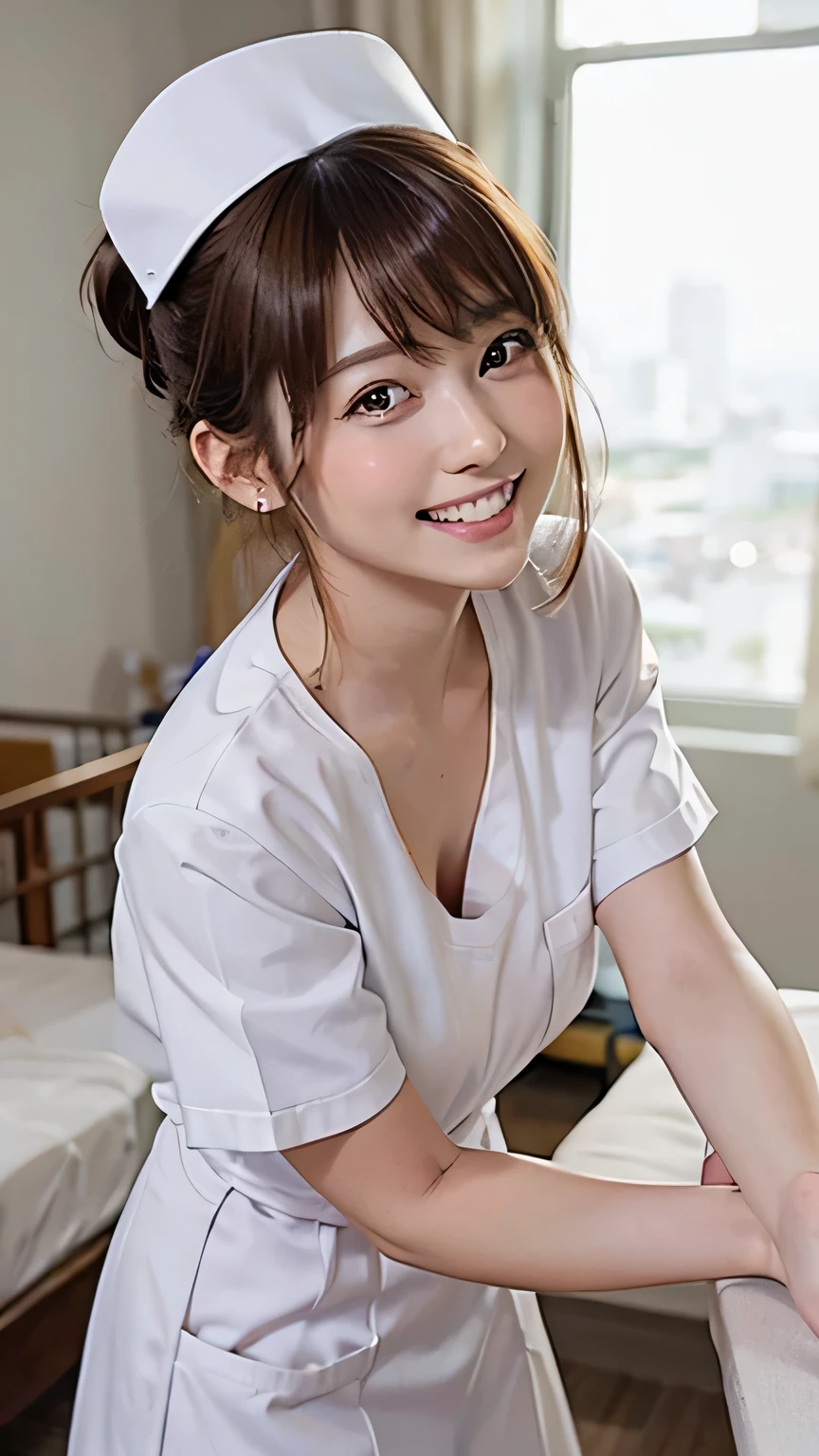 (Ultra HD, DSLR photography, 8k, highest quality, high resolution, premium quality, highest resolution, very beautiful woman, perfect anatomy), light brown eyes, very light brown eyes, small diamond-shaped earrings, looking directly at the camera, beautiful brown hair, ((, loose and cute medium ponytail)), very short and beautiful bangs on brown hair, E-cup chest, showing a beautiful décolletage, very beautiful 20-year-old, lip gloss, smiling very happily, very cute smile, upper teeth, beautiful teeth, (bright hospital room (background only)), slightly large eyes, small face, tall supermodel, beautifully shaped model, random cute gravure photo poses, dynamic angle, eye focus, head tilt, very detailed and realistic, very beautiful 20-year-old, ((medium shot)), sharp jawline, ((nurse in white uniform)), deep waistline, sexy legs, side view, smiling very happily, laughing, summer daytime.