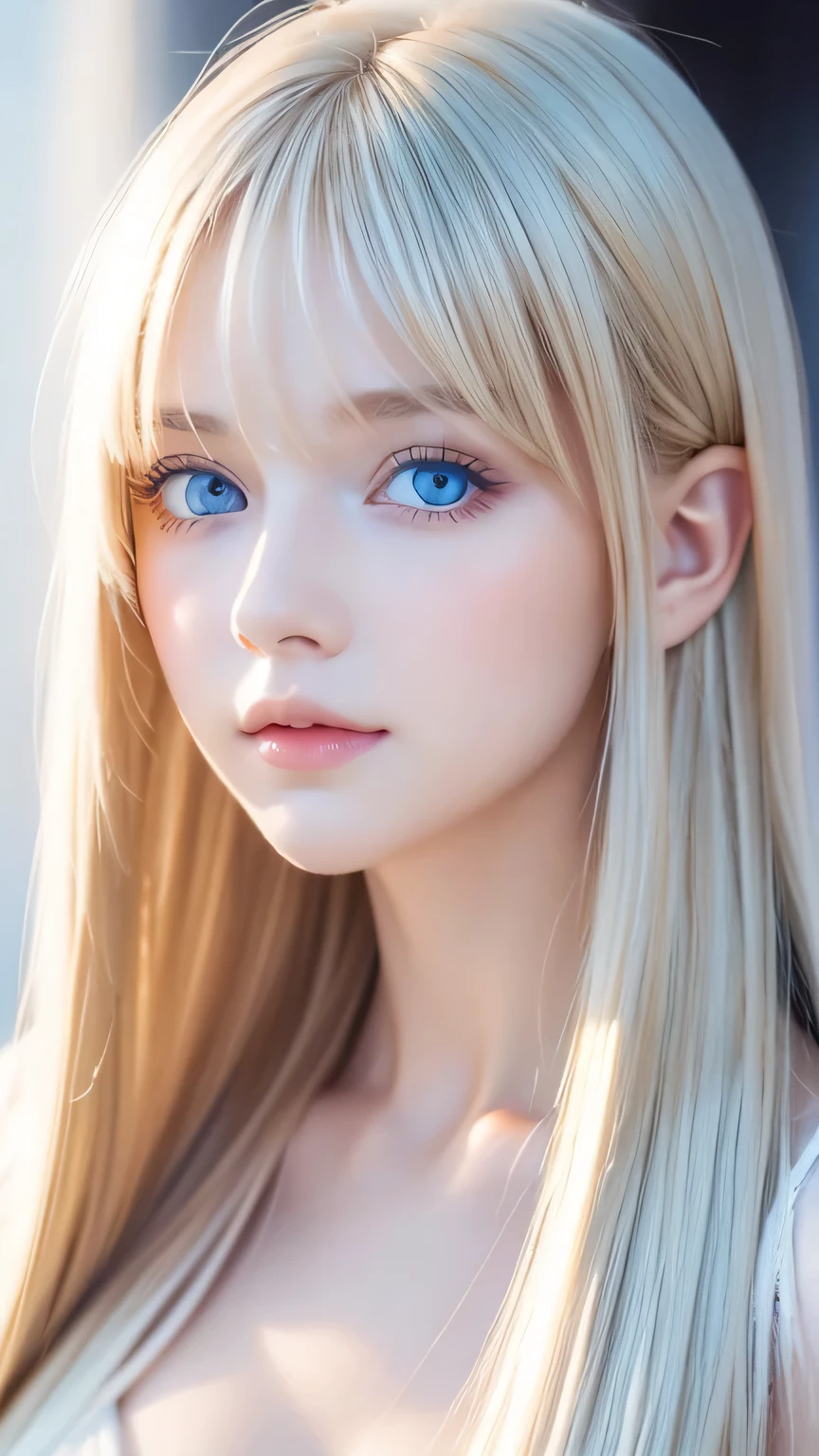 A beautiful girl with gorgeous blonde hair and bright blue eyes、1 Nordic beauty、Shiny, super long, straight, silky hair、Beautiful natural platinum blonde、Very bright, large light blue eyes that shine beautifully、Double eyelids、Big eyes、Small Face Beauty、round face、Cheek gloss highlighter、Ample breasts、Very white and shiny skin、Blonde hair color that changes with light、Long bangs obstruct the view、Sexy and very beautiful lovely cute gorgeous face、The most beautiful face in the world、smooth, straight hair、Shining light blue eyes、Beautiful bangs、Beautiful cute girl、disheveled bangs above the eyes,