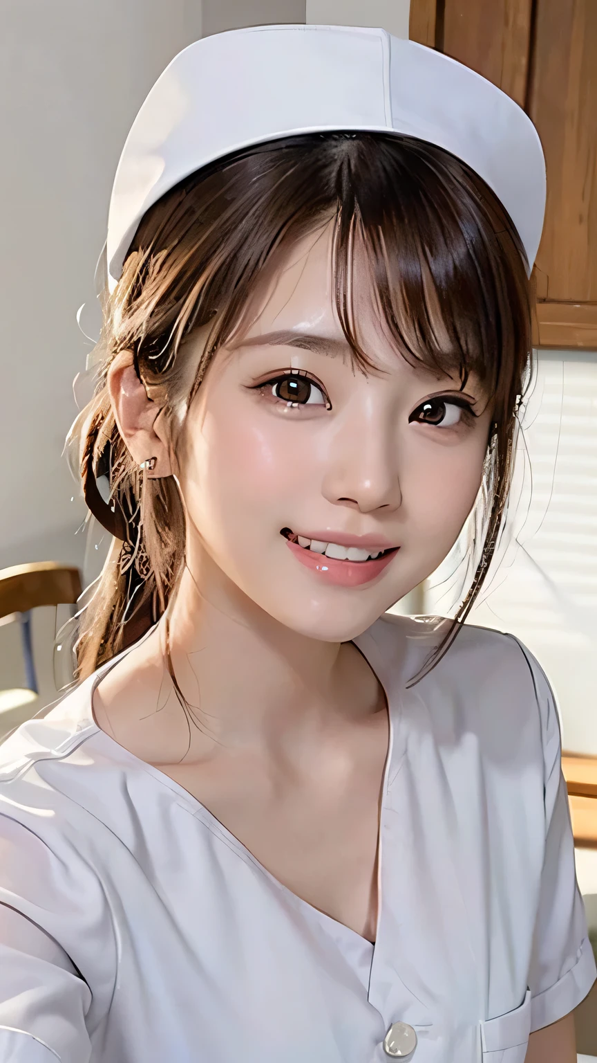 (Ultra HD, DSLR photography, 8k, highest quality, high resolution, premium quality, highest resolution, very beautiful woman, perfect anatomy), light brown eyes, very light brown eyes, small diamond-shaped earrings, looking directly at the camera, beautiful brown hair, ((baby face, loose and cute medium ponytail)), very short and beautiful bangs on brown hair, E-cup chest, showing a beautiful décolletage, very beautiful 20-year-old, lip gloss, smiling very happily, very cute smile, upper teeth, beautiful teeth, (bright hospital room (background only)), slightly large eyes, small face, tall supermodel, beautifully shaped model, random cute gravure photo poses, dynamic angle, eye focus, head tilt, very detailed and realistic, very beautiful 20-year-old, ((medium shot)), sharp jawline, ((nurse in white uniform)), deep waistline, sexy legs, side view, smiling very happily, laughing, summer daytime.