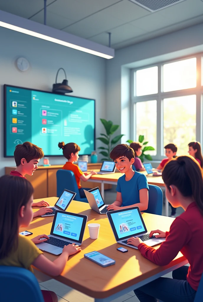 Create an image that illustrates a modern classroom where students use digital devices to collaborate on projects with elements that represent personalization of learning and interaction on social media