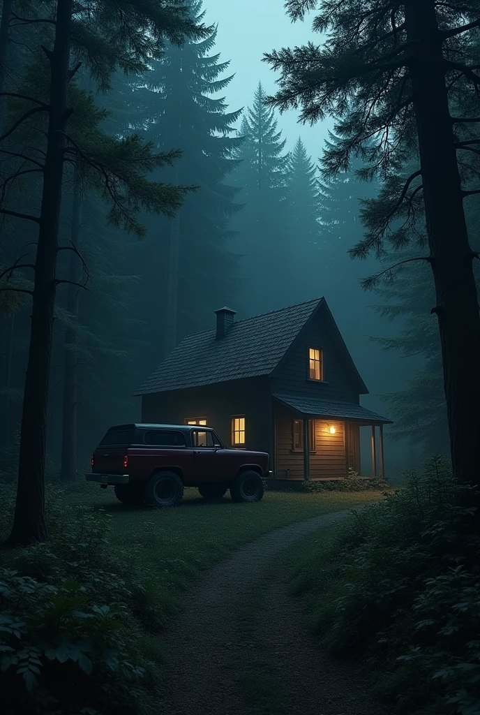 a wooden house, far from the city, practically isolated in the middle of the forest, just a wine colored truck outside the house, the night, dark image