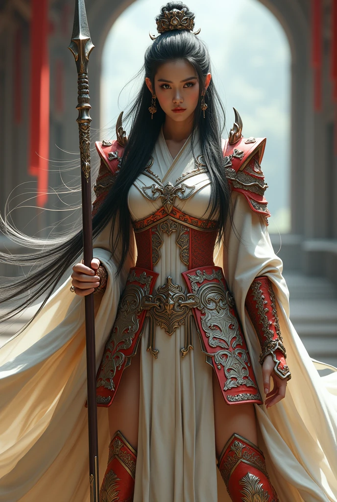 Photorealistic image ((Masterpiece)), ((high quality)) UHD 8K, of a real japanese goddess, very beautifull face, Gnna, strong, Fight Pose, curvy body, curvy waist, model tall, full body, (long black hair with blonde roots), (Sky blue eyes), (((Hyper-realistic fantasy full armor, with ivory red metal and intricate details))), ((long cape)), ((two-pronged fantasy spear)), (in guardian position, fantastic palace), Photo realistic, Natural lighting, professional DSLR camera., mecha, robot,