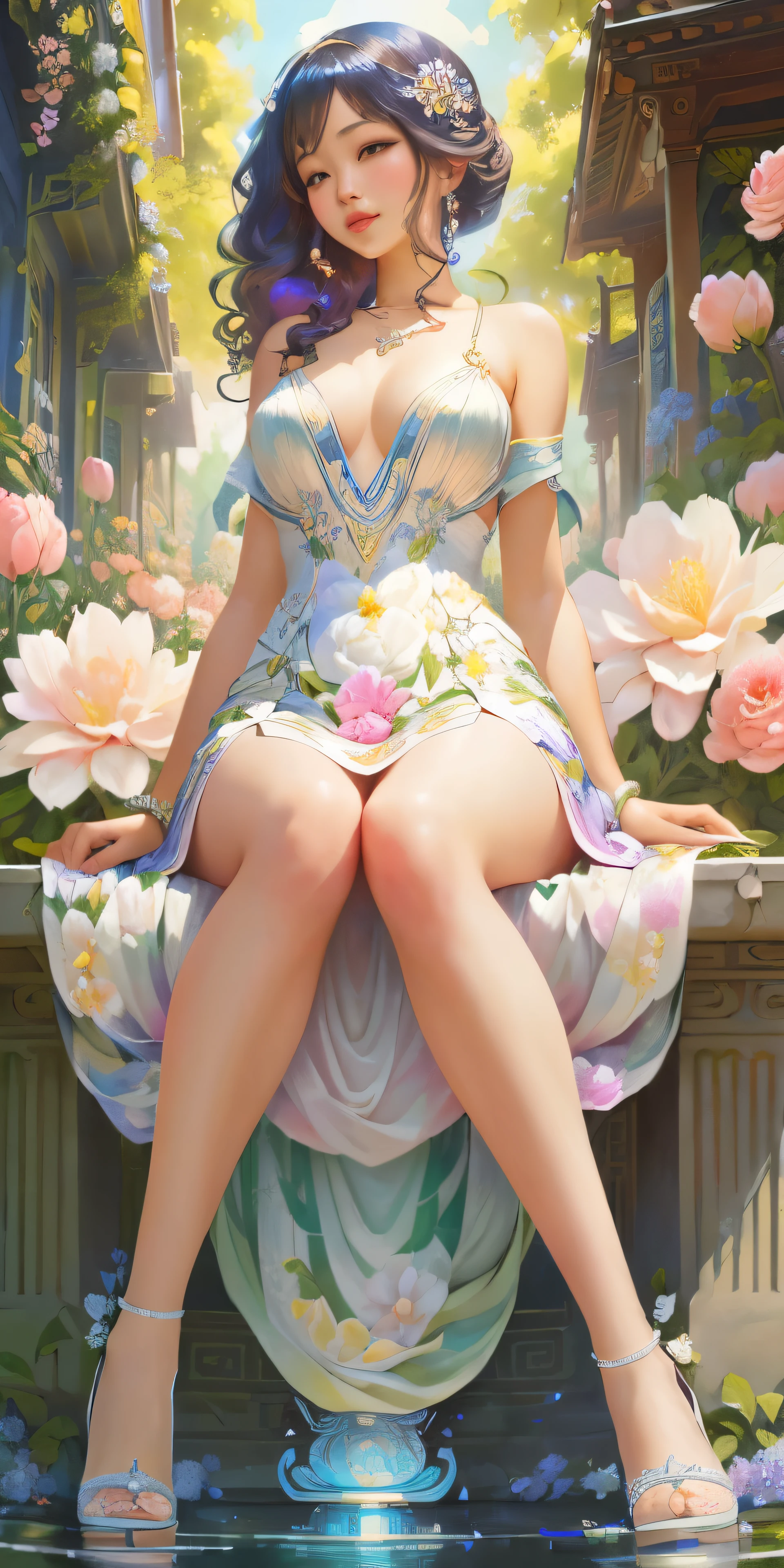 a painting of a woman sitting on a bench in a garden, Goddess of flowers, by Nene Thomas, Anna Dittmann Alberto Vargas, Woman in flowers, spring goddess, by Ju Lian, jinyoung blackhead art, sakimichan frank franzzeta, by Chen Chun, beautiful female body, Exquisite digital illustration, by Wu Zhen, by Chen Lin, girl in flowers