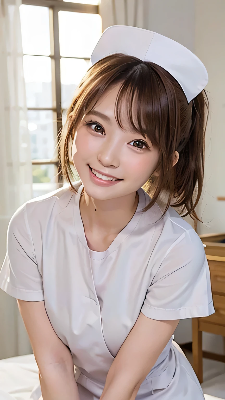 (Ultra HD, DSLR photography, 8k, highest quality, high resolution, premium quality, highest resolution, very beautiful woman, perfect anatomy), light brown eyes, very light brown eyes, small diamond-shaped earrings, looking directly at the camera, beautiful brown hair, ((, loose and cute medium ponytail)), very short and beautiful bangs on brown hair, E-cup chest, showing a beautiful décolletage, very beautiful 20-year-old, lip gloss, smiling very happily, very cute smile, upper teeth, beautiful teeth, (bright hospital room (background only)), slightly large eyes, small face, tall supermodel, beautifully shaped model, random cute gravure photo poses, dynamic angle, eye focus, head tilt, very detailed and realistic, very beautiful 20-year-old, ((medium shot)), sharp jawline, ((nurse in white uniform)), deep waistline, sexy legs, side view, smiling very happily, laughing, summer daytime.
