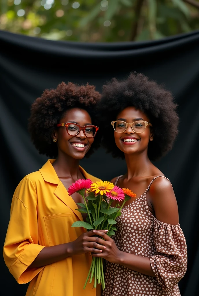 2 black women, Juliet glasses, Sorrisos abertos, flowers in hands towards the camera, with a black fabric simulating a photography studio, in an external area, artistic pose 