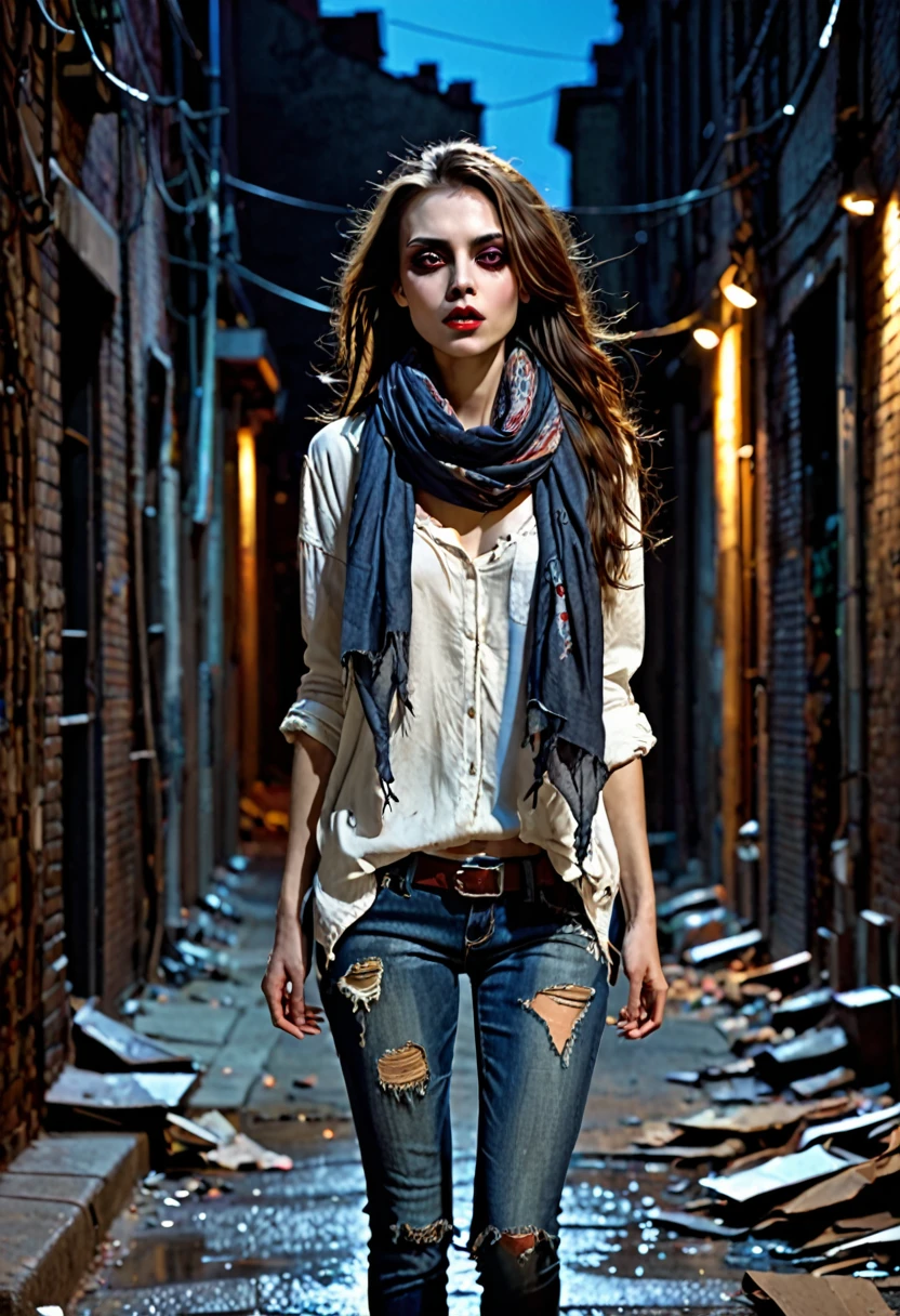 (good quality), (many details), (masterpiece), young woman, worn, torn clothes, wild brown hair, torn jeans, old shirt (broken), at night, in an alley, modern city, old scarf, vampire, in the dark of the night, emaciated, ((has a third eye on her forehead))