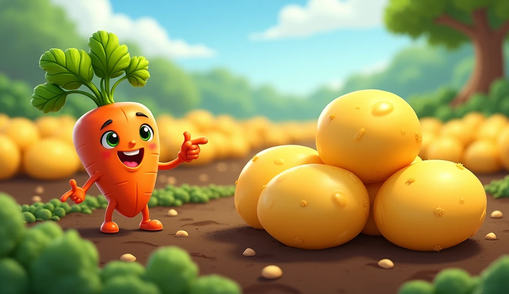 veggie points toward a potato patch round and yellow shiny for kids cartoon