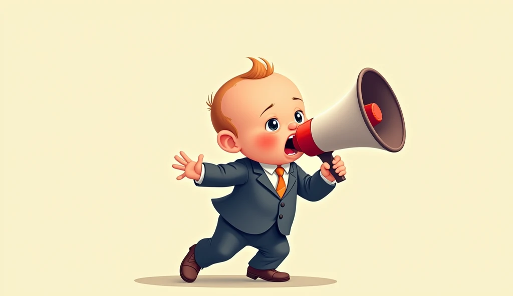 A cartoon baby in a suit holding a megaphone