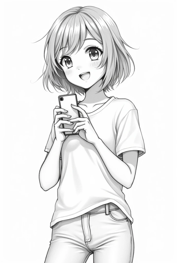 Pencil drawing of happy girl with short wavy hair with full body holding her cell phone