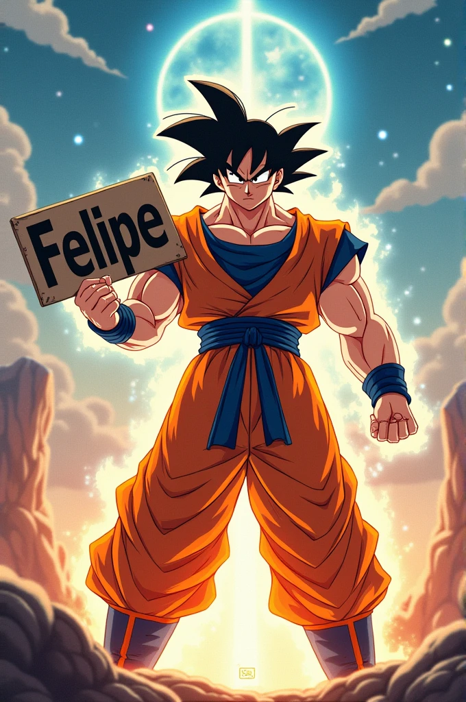 Goku in superior instinct holding a sign with the name Felipe