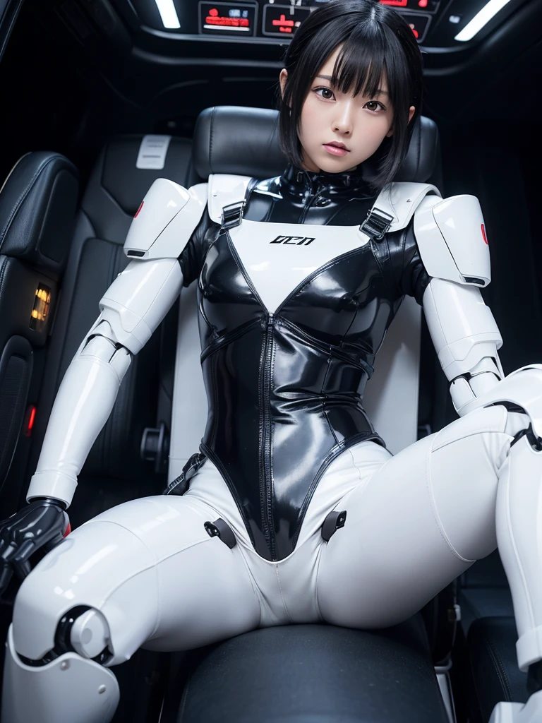 Japanese female android,Black Hair,He is fully secured to his seat in the cockpit by a thick harness.,Plump,Slightly thicker,Spread your legs,Squat,Shiny white robot suit,Robotic arms and legs,Surrounded by switches and monitors,