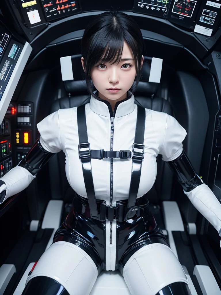 Japanese female android,Black Hair,He is fully secured to his seat in the cockpit by a thick harness.,Plump,Slightly thicker,Spread your legs,Squat,Shiny white robot suit,Robotic arms and legs,Surrounded by switches and monitors,