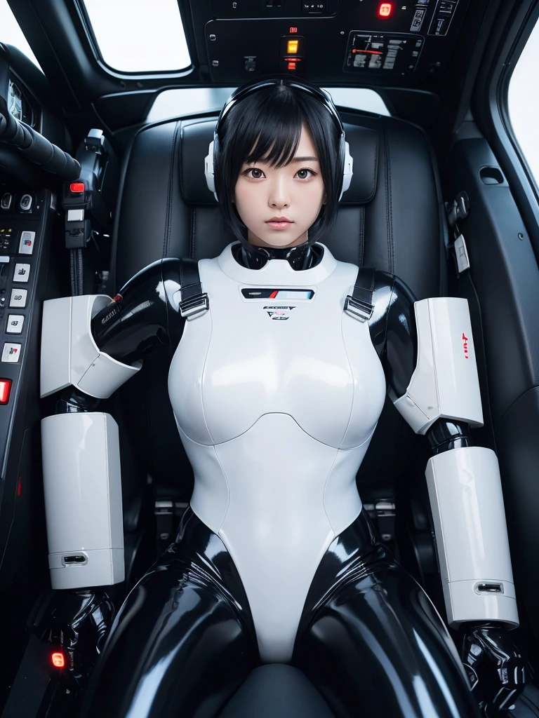 Japanese female android,Black Hair,He is fully secured to his seat in the cockpit by a thick harness.,Plump,Slightly thicker,Spread your legs,Squat,Shiny white robot suit,Robotic arms and legs,Surrounded by switches and monitors,