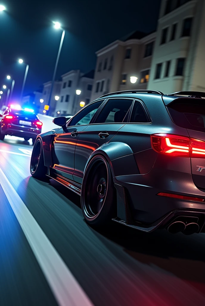 Hyundai i40 station wagon in black tuned with white rims racing an Audi TTRS black with black rims and a big spoiler at the night eith the poilce chase 