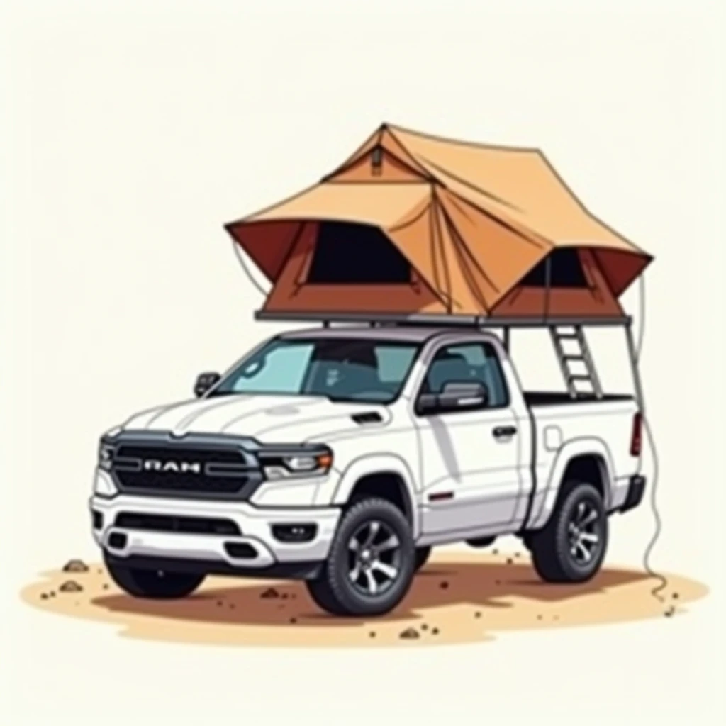 Create a cartoon style image of a white Dodge RAM pickup truck with a brown pop-up roof tent on the bed. 