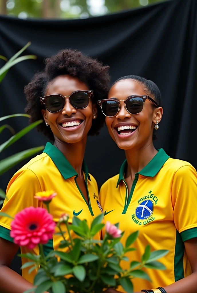 2 black women, Brazil shirt and Juliet glasses, Sorrisos abertos, flowers in hands towards the camera, with a black fabric simulating a photography studio, in an external area, artistic pose 