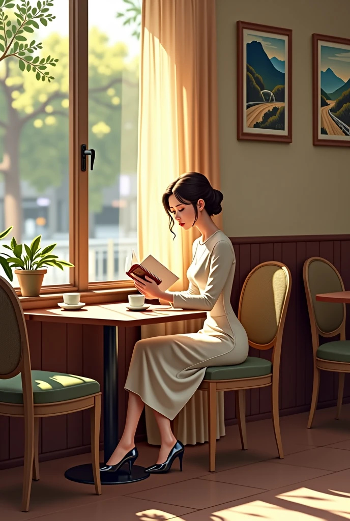 seoul, south korea, inside of small café. Some tables and chairs, landscape drawings on the wall.  Sunshine through the Big window . 30’s beautiful lady with upswept hairdo is reading a book. Coffee on the table. She is only one customer in café
