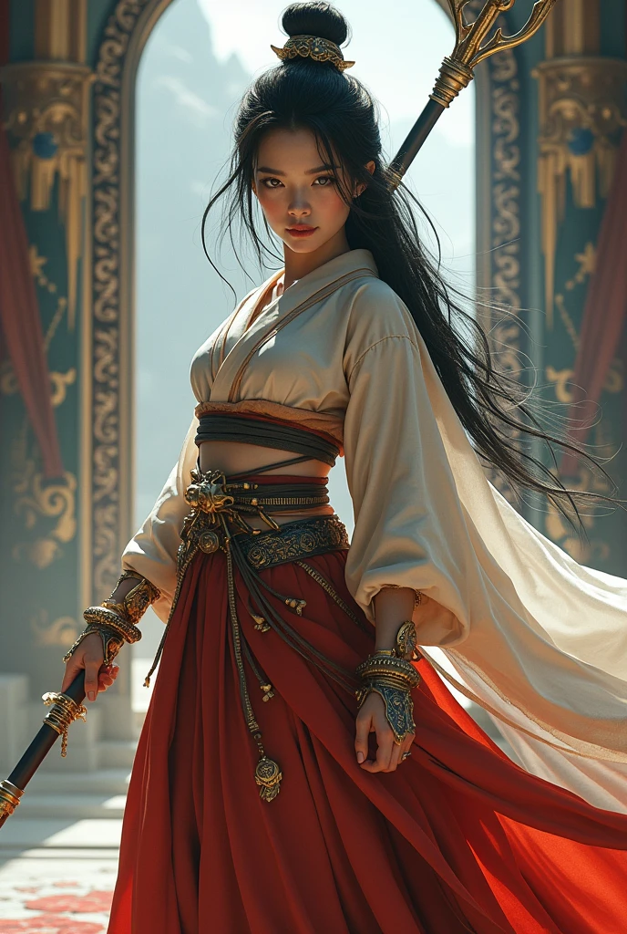Photorealistic image ((Masterpiece)), ((high quality)) UHD 8K, of a real japanese goddess, very beautifull face, Gnna, strong, Fight Pose, curvy body, curvy waist, model tall, full body, (long black hair with blonde roots), (Sky blue eyes), (((, traditional clothes with ivory red and intricate details))), ((long cape)), ((two-pronged fantasy spear)), (in guardian position, fantastic palace), Photo realistic, Natural lighting, professional DSLR camera., mecha, robot,