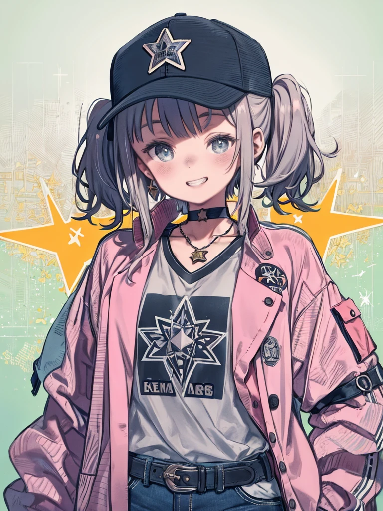 A proper third, View your viewers, smile, shirt, Long sleeve, Have, Twin tails, jewelry, (Grin), Jacket, Upper Body, Open clothes, choker, belt, pants, Medium Hair, necklace, star (symbol), open Jacket, White Hat, denim, short Twin tails, Clothes writing, Baseball cap, grey shirt, red Jacket, pink Jacket, white belt, backwards Have, letterman Jacket