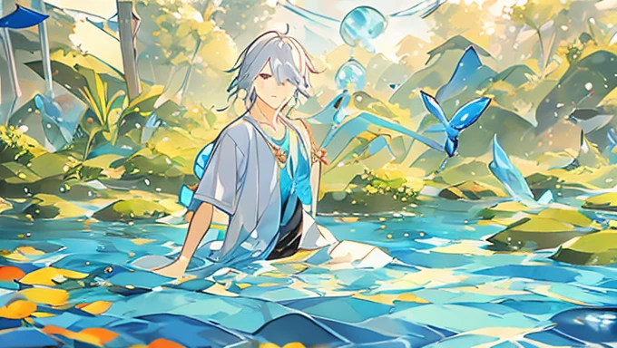 In the water,fish,fish群,熱帯fish,Silver-haired man,neutral,gem,Wearing all jewelry,Standing in the water,Pastel drawing,Abstract Painting,