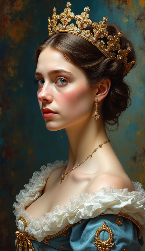 ((masterpiece:1.2, Highest quality)), Super detailed, Ultra-precise depiction, Super high-definition description, (Tangled:1.2), (Dynamic pose), (Abstract background:1.5), A very beautiful young Queen Victoria, crown