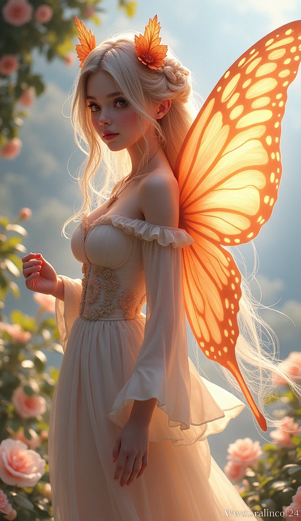 One girl ,Fairy, Butterfly Wings, Beautiful clothes,(High resolution, Attention to detail, Highest quality), Medium chest、Bold Pose、Mr.々Easy shooting angle
