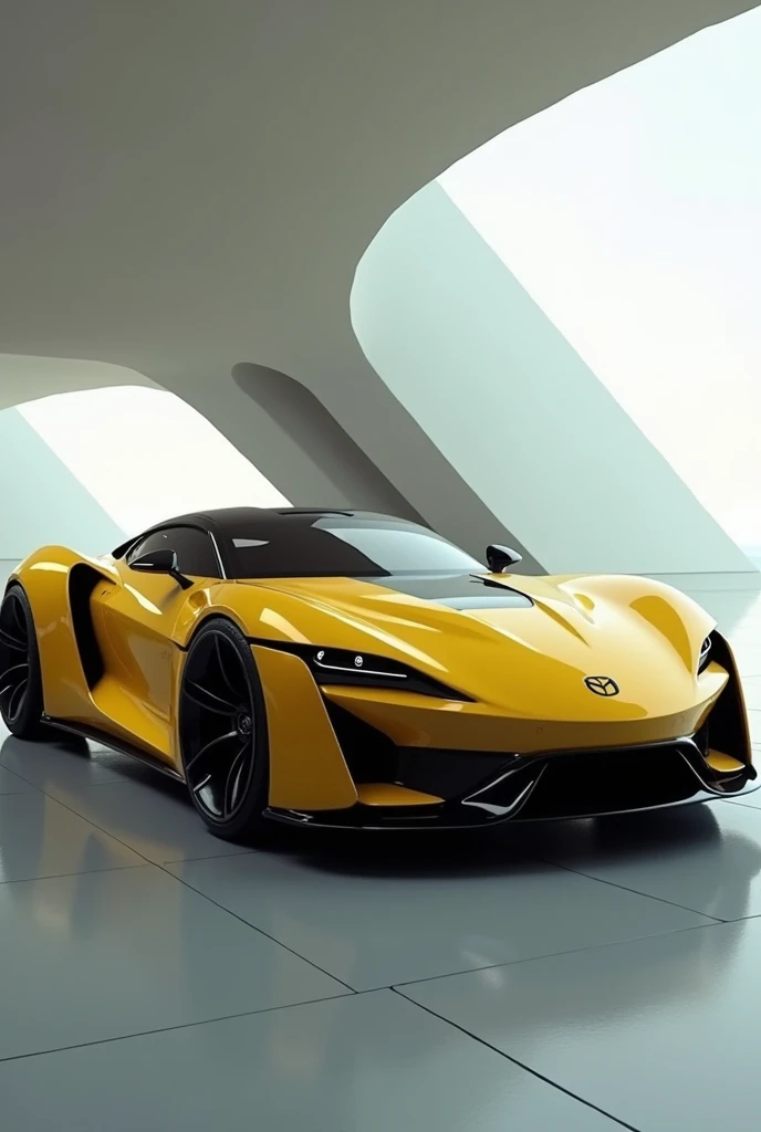 Mazda MX5 futuristic glass roof very wide wheels yellow color wider at the back and a more aggressive style Porsche 911 style giant exhaust pipe