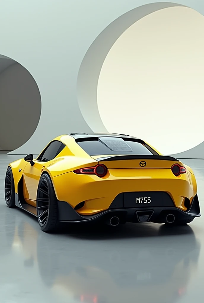 Mazda MX5 futuristic glass roof very wide wheels yellow color wider at the back and a more aggressive style Porsche 911 style giant exhaust pipe