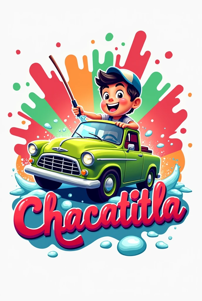 Make me a logo that says CHACATITLA with a bocho car and someone is washing it with pink colors, red, green and orange and that the car has soap and that he is smiling 
