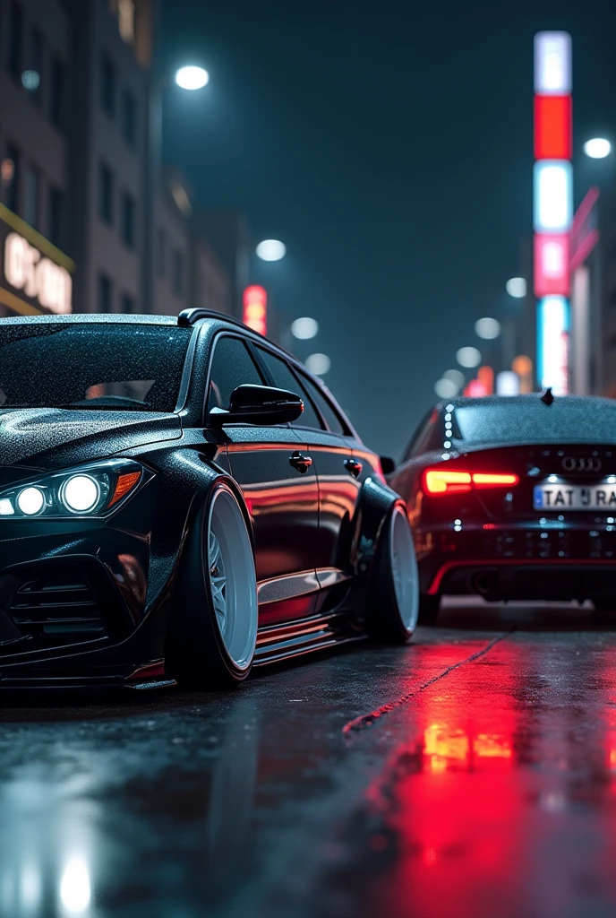 Hyundai i40 station wagon in black tuned with white rims racing an Audi TTRS black with black rims and a big spoiler at the night