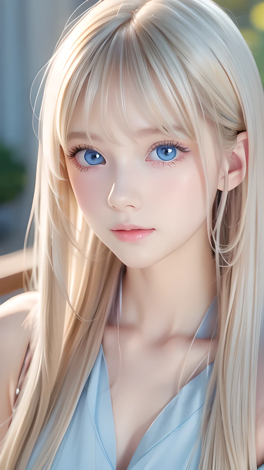 A beautiful girl with gorgeous blonde hair and bright blue eyes、1 Nordic beauty、Shiny, super long, straight, silky hair、Beautiful natural platinum blonde、Very bright, large light blue eyes that shine beautifully、Double eyelids、Big eyes、Small Face Beauty、round face、Cheek gloss highlighter、Ample breasts、Very white and shiny skin、Blonde hair color that changes with light、Long bangs obstruct the view、Sexy and very beautiful lovely cute gorgeous face、The most beautiful face in the world、smooth, straight hair、Shining light blue eyes、Beautiful bangs、Beautiful cute girl、disheveled bangs above the eyes,