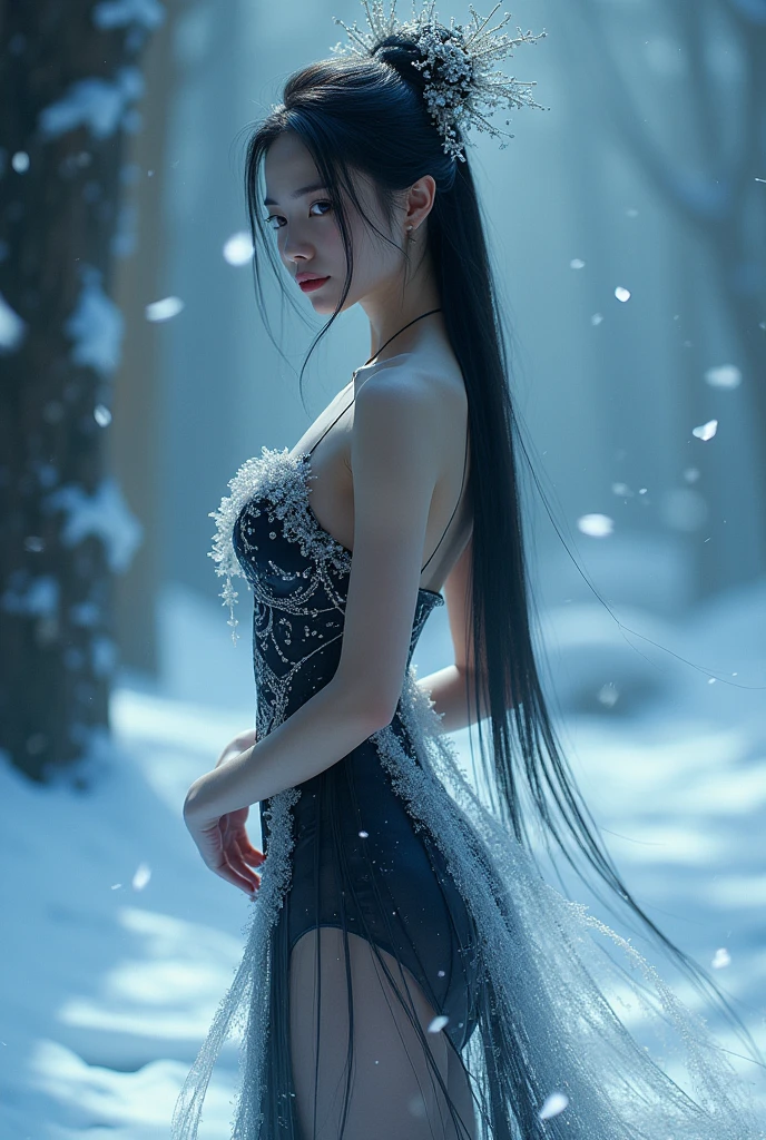 ((masterpiece, highest quality, Highest image quality, High resolution, photorealistic, Raw photo, 8K)), ((Extremely detailed CG unified 8k wallpaper)), (huge stunning goddess shot, very hot and sexy, jaw-dropping beauty, perfect proportions, beautiful body, slim body beauty:1.4), Chinese girl, A girl dressed a skirt dress stands in the snow, wearing a black mini-dress with white trim, at night, Magical effects around, Effect of water flowing in the air