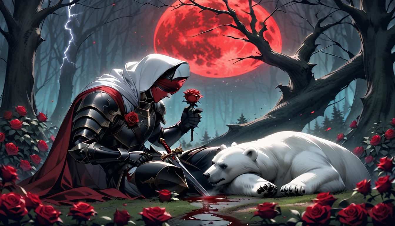 Male knight with a white hood with bear ears with sword behind his back sits on the ground towards a polar bear in a forest while the moon shines, many Roses cover the ground and lightning falls from the sky. The polar bear sleeps in front of the knight. Only the man wears a red blindfold. In the background of the picture is the blood moon and a tree has fallen down in the path. The forest is full of trees with leaves. The armor of the man is black and red roses decorate it. The knight has its sword in his hand.