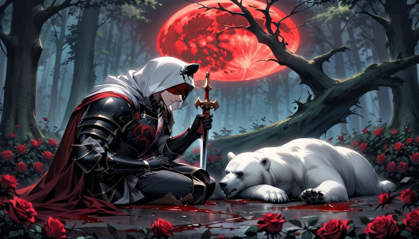 Male knight with a white hood with bear ears with sword behind his back sits on the ground towards a polar bear in a forest while the moon shines, many Roses cover the ground and lightning falls from the sky. The polar bear sleeps in front of the knight. Only the man wears a red blindfold. In the background of the picture is the blood moon and a tree has fallen down in the path. The forest is full of trees with leaves. The armor of the man is black and red roses decorate it. The knight has its sword in his hand.