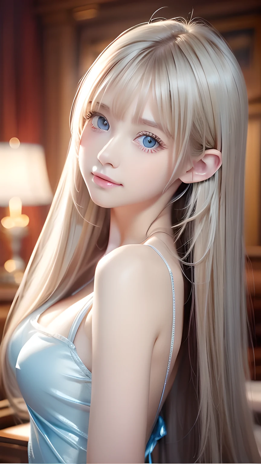 A beautiful girl with gorgeous blonde hair and bright blue eyes、1 Nordic beauty、Shiny, super long, straight, silky hair、Beautiful natural platinum blonde、Very bright, large light blue eyes that shine beautifully、Double eyelids、Big eyes、Small Face Beauty、round face、Cheek gloss highlighter、Ample breasts、Very white and shiny skin、Blonde hair color that changes with light、Long bangs obstruct the view、 and very beautiful lovely cute gorgeous face、The most beautiful face in the world、smooth, straight hair、Shining light blue eyes、Beautiful bangs、Beautiful cute girl、disheveled bangs above the eyes,