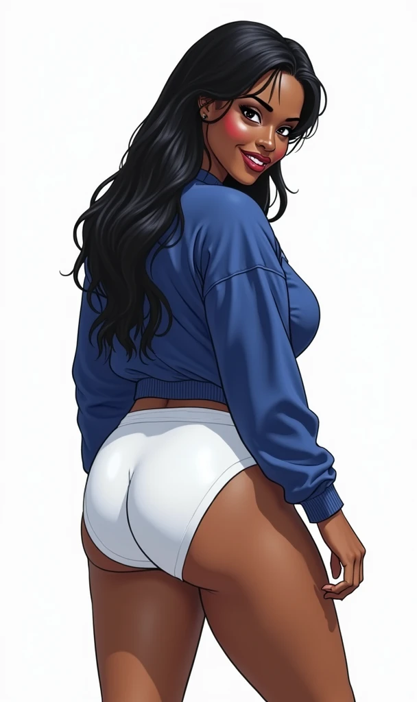 (masterpiece, best quality)), ((((perfect anatomy)))), Heavyset black woman with long black hair, dark eyeshadow, dark red lipstick, blue sweater, (((big white cotton panties))), big booty, smiling, standing in her bedroom, (((photo realistic))), ((90's film, 90's movie scene, 90's TV Style))