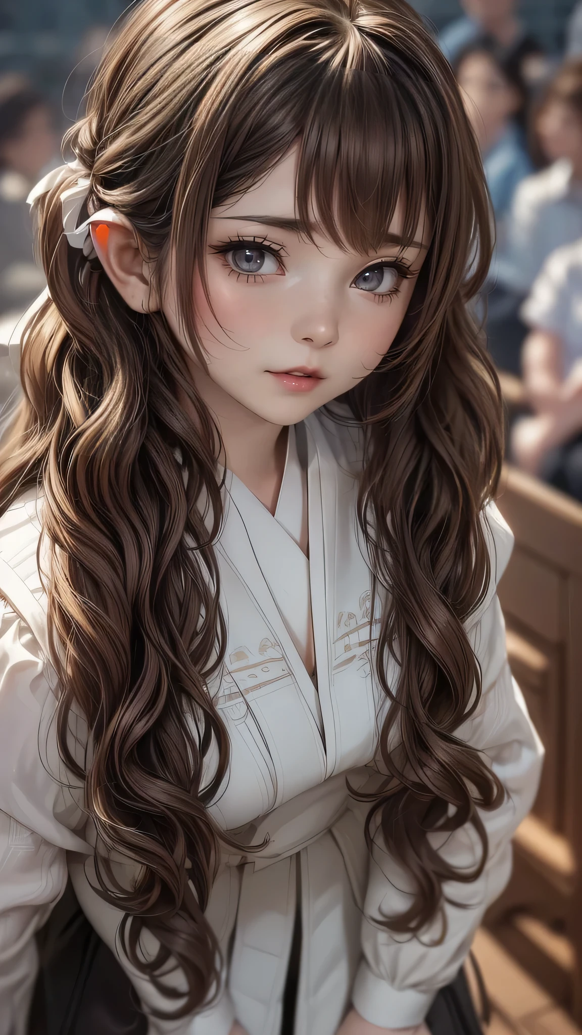 Realistic, masterpiece, highest quality, Highest Resolution, one Japanese high school girl, , Upper body photo, Looks sleepy, Spaced out, Mouth open, Beautiful and detailed eye drawing, (droopy eyes:1.3), Dark Eyes, Thin eyebrows, Carefully draw eyelashes, Eyelash extensions, Gal Makeup, Orange teak, (White brown wavy hair with white mesh, long hair, middle part:1.3), (hidden creased eyelids:1.3), (Gothic school uniform:1.2), (The subject was photographed from above at an angle:1.3), (Flower Field:1.3), (Close up on face, Standing up and trying to grab the audience:1.5)