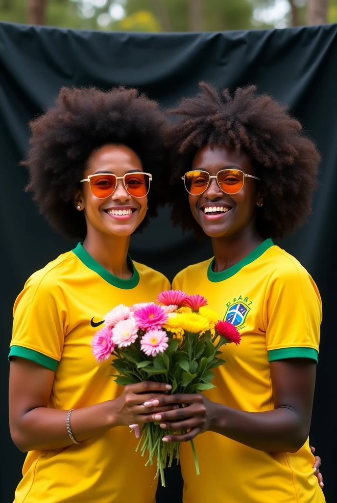 2 black women, Brazil shirt and Oakley glasses orange lens, Sorrisos abertos, flowers in hands towards the camera, with a black fabric simulating a photography studio, in an external area, artistic pose 