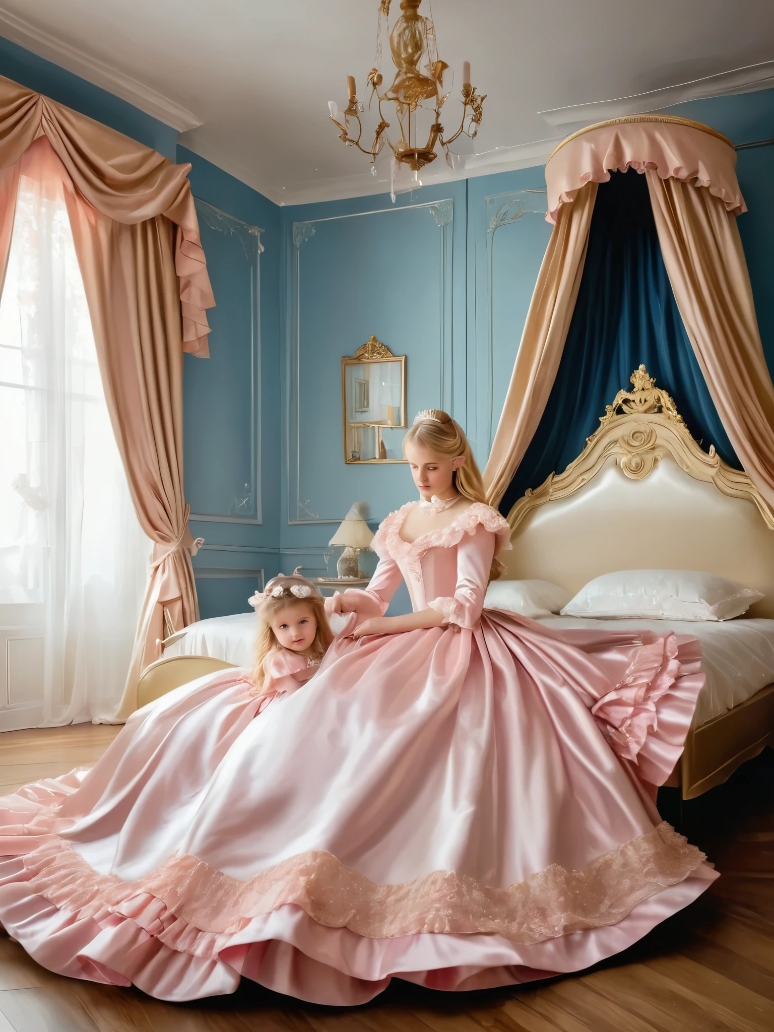 The little princess girl and little prince boy,The girl have long blonde hair ((((silk satin Victorian ball gown dress)))) ,((Yoke collar with frills))((,The dress has a lot of frills and ribbons)), detailed dress,tiara, long sleeves, sleeves,The boy is wearing a prince's costume,in the luxurious bedroom,sitting on the big pink frilled canopy bed,silk satin bed sheets,frilled pillows,