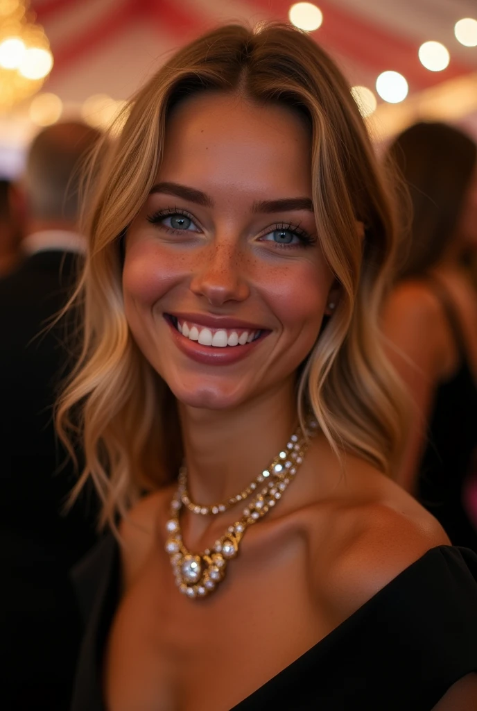 20 year old woman, instagram influencer, white skin with freckles, smile of frank happiness, blue eyes, with a beautiful elegant black dress, with gold accessories and precious stones, at a fancy party with a band playing in the background.