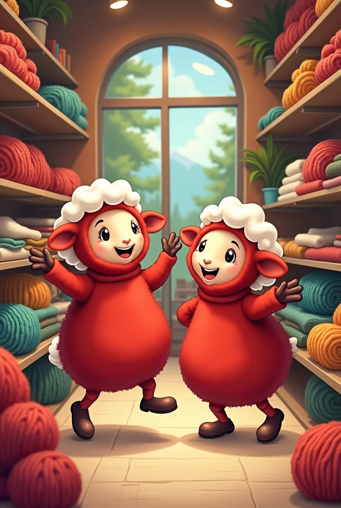 Two cute cartoon  red sheep  shopkeeper on  his  woollen  products  shop dancing joyfully 