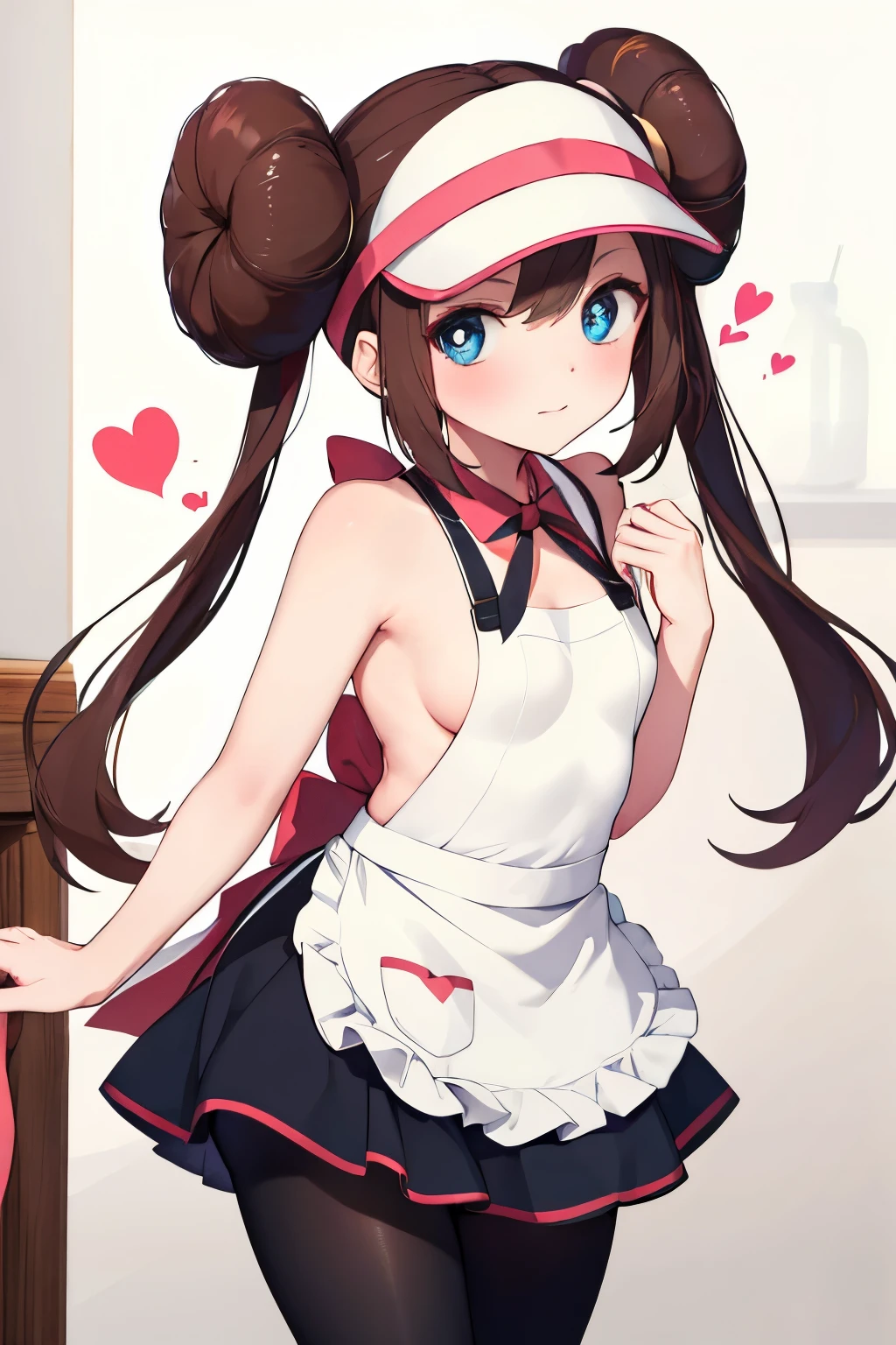 apron, bar, Newly Married, heart, 14yo, shy, Sideboob, ((Small breasts)), masterpiece, highest quality, High resolution, ro1, Hair Bun, Blue eyes, Twin tails, Visor Cap, pantyhose, NUDE, Black Stockings, 