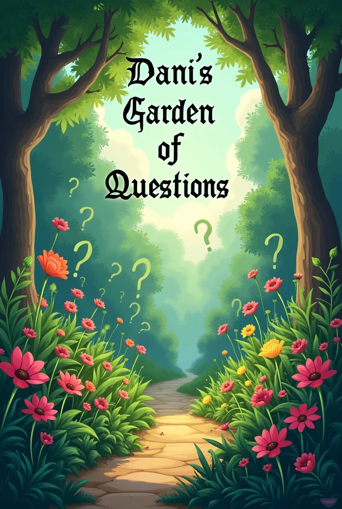 Create an image containing the name "Dani&#39;s Garden of Questions", the image that contains a garden in the background, and question marks 