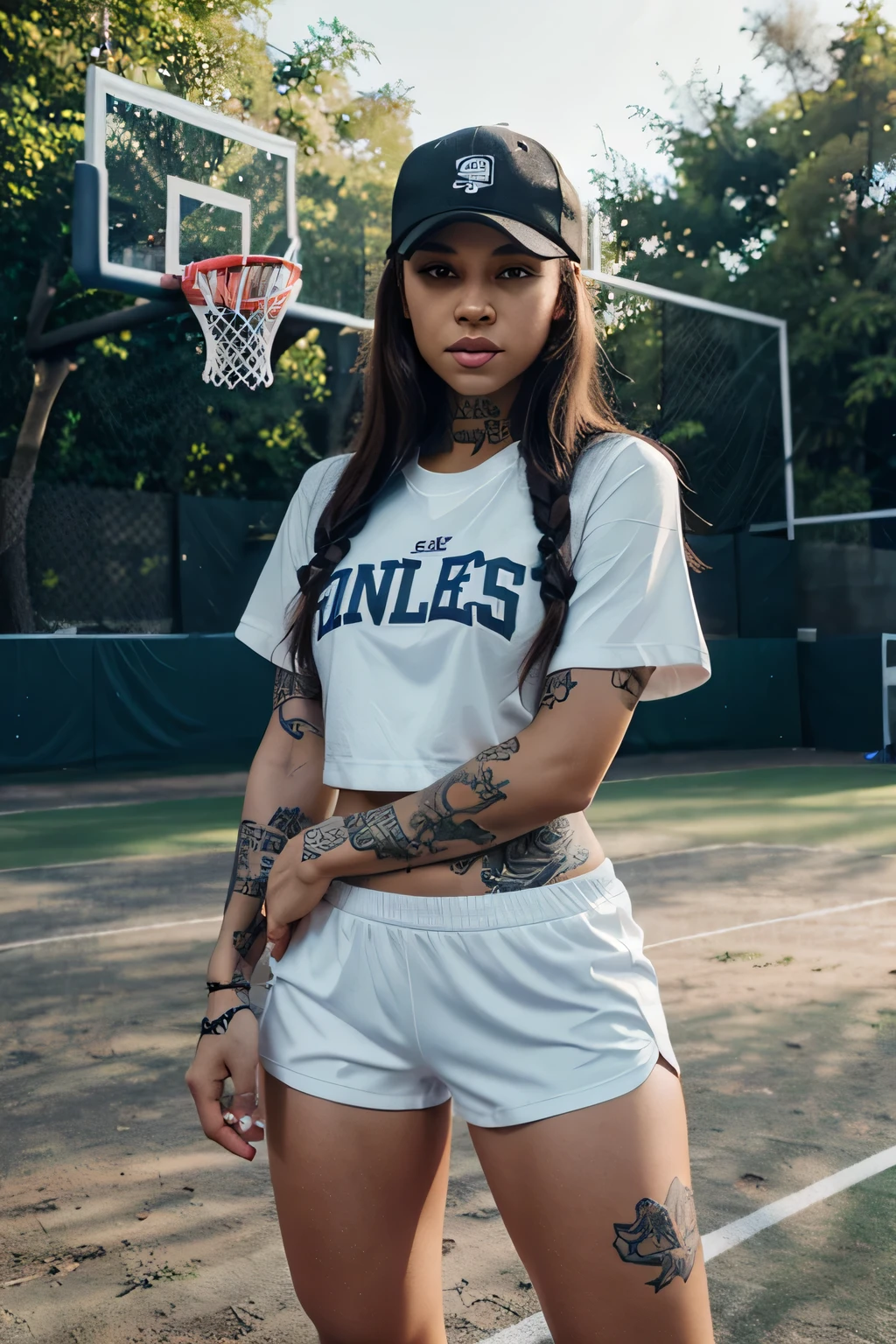 Light-skinned girl, tattoos, cap, long sports shirt, sports shorts, tennis shoes, in front of a basketball court